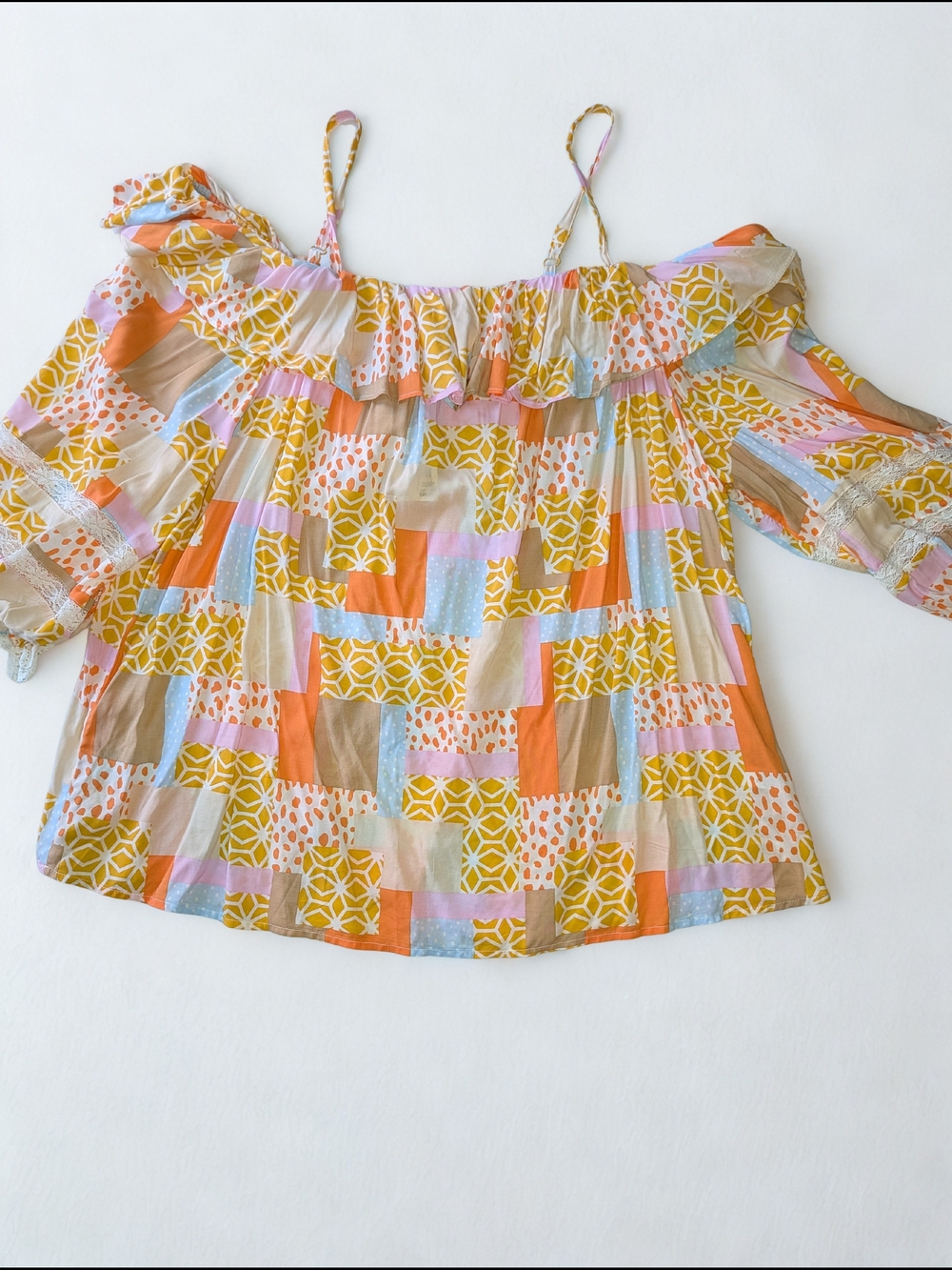 Boho Off-Shoulder Patchwork Top - Mustard & Orange